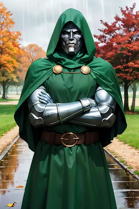 doctor doom, mask, green hood, cape, cloak, armor, belt, looking at viewer, standing, medium shot, arms crossed, outside, park, field, trees, autumn, overcast, raining, wet, high quality, masterpiece,  <lora:DoctorDoomLoRA:.4>