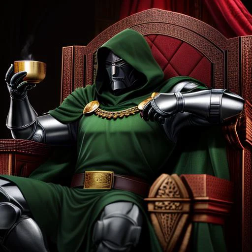 a man sitting on a throne drinking tea<lora:DoctorDoomLoRA:0.8> mask, hood, cape, belt, armor, cloak, gauntlets, full body, high quality, ultra realistic, sharpen image, upper body, Highly detailed