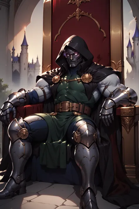 a close up of a person sitting on a throne with a sword