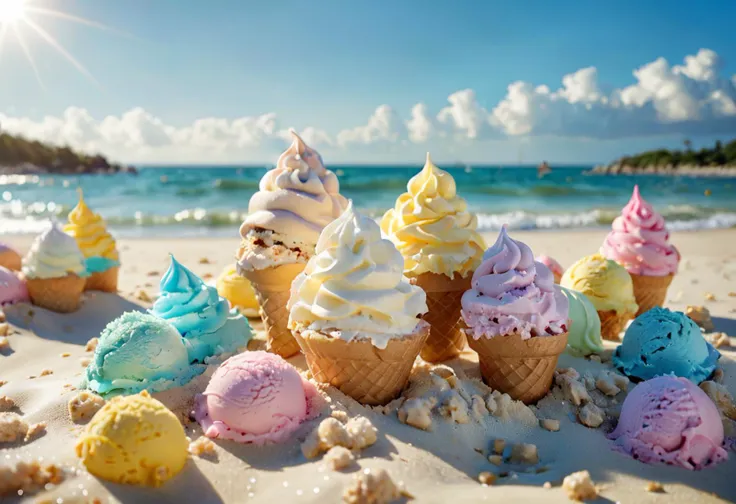 there are many ice cream cones on the beach with the sun in the background