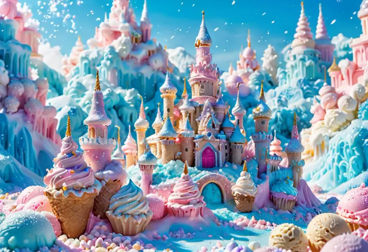 a close up of a cake with a castle in the middle of it