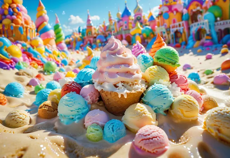 araffes and ice cream on a beach with a castle in the background