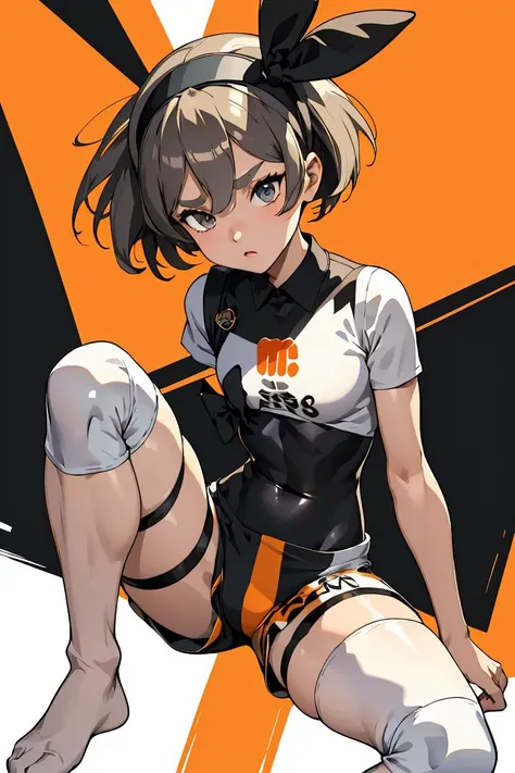 (masterpiece, best quality), 1girl,   <lora:bea_outfit:1> bea_outfit, bodysuit, black bodysuit, bodysuit under clothes, hairband, black hairband, bow hairband, shirt, knee pads, shorts, short shorts, short sleeves, white shirt