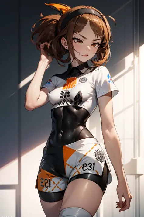 <lora:bea_outfit:1> bea_outfit, bodysuit, black bodysuit, bodysuit under clothes, hairband, black hairband, bow hairband, shirt, knee pads, shorts, short shorts, short sleeves, white shirt,, absurdres, ultra detailed, masterpiece, best quality, aesthetic, ...