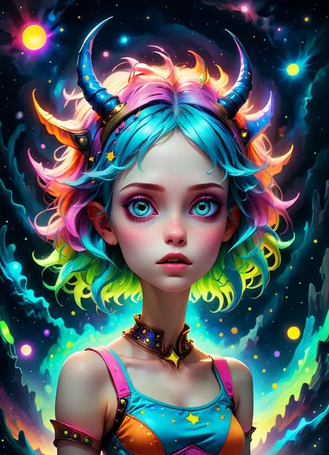 a girl with colorful hair and horns in a space background