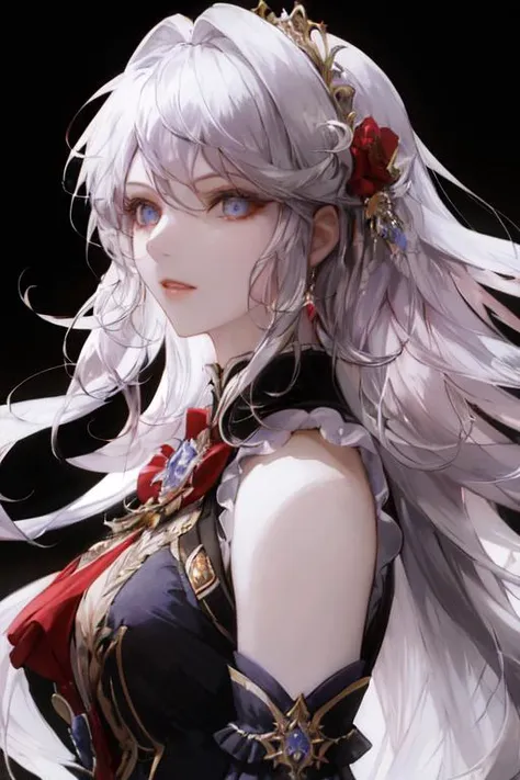 a woman with long white hair and a red rose in her hair