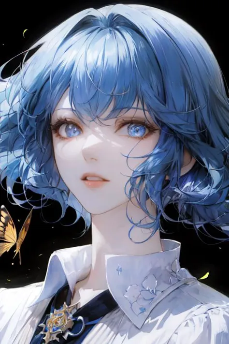 a close up of a person with blue hair and a butterfly