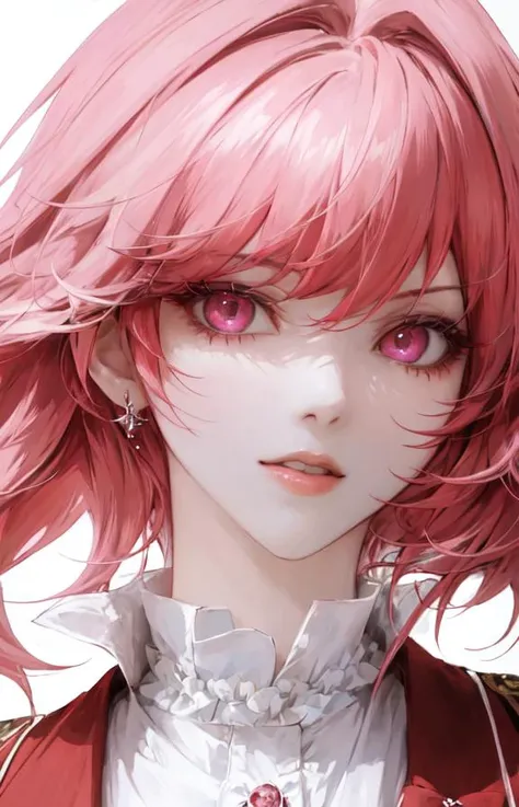 a close up of a person with pink hair and a red jacket