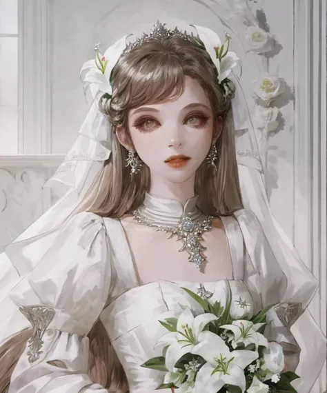 a close up of a woman in a wedding dress holding a bouquet