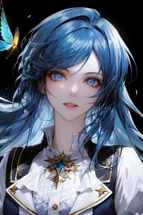 a close up of a person with blue hair and a butterfly