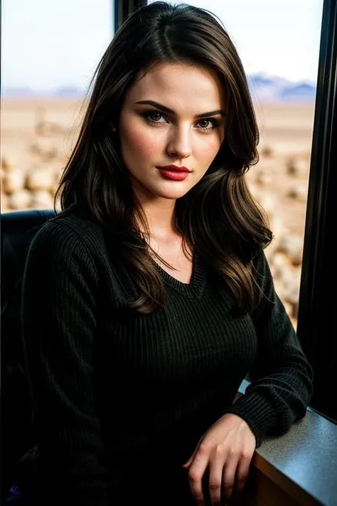 photo of beautiful (L1lyC4rt3r-135:0.99), a woman, perfect hair, serious look, (modern photo), wearing long sweater and slacks, portrait, 85mm, (analog, cinematic, film grain:1.3), (Mars Colony, Thriving Martian settlement with pressurized domes, rovers, h...