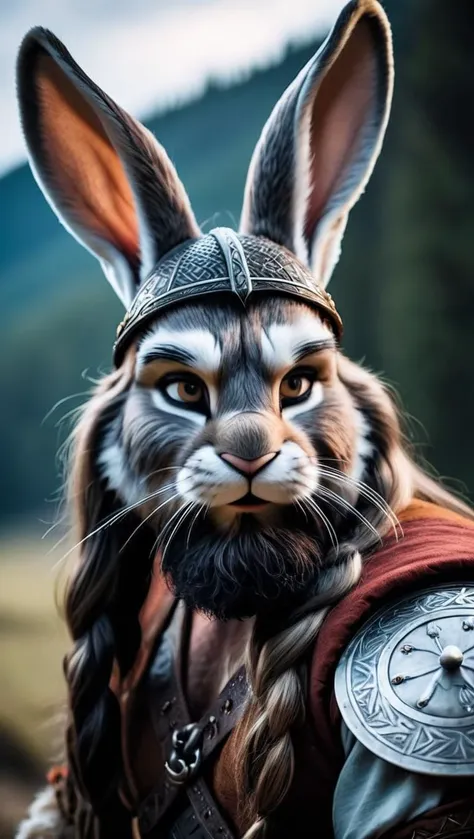 a close up of a rabbit wearing a helmet and a long beard