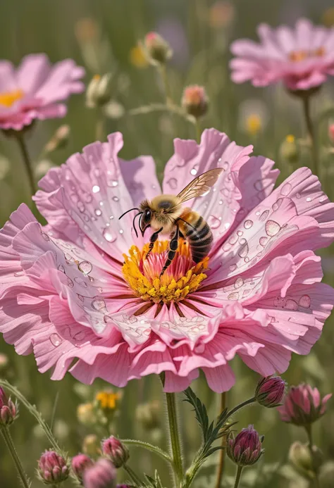 (medium full shot) of (pristine flower) with pink petals, ruffled shaped flower, speckled, herbal scent, adorned with tiny cryst...