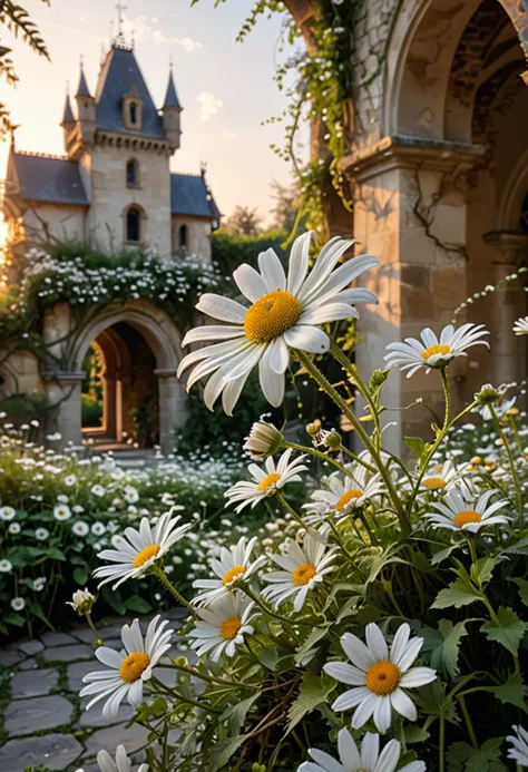 (medium full shot) of (ethereal flower) with white petals, daisy-like shaped flower, dotted, floral scent, entangled with delica...