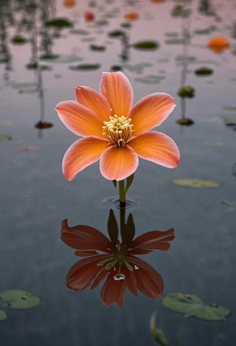 (medium full shot) of (whimsical flower) with orange petals, bell shaped flower, solid color, floral scent, dewdrops on petals, ...