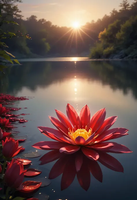 (medium full shot) of (radiant flower) with red petals, tubular shaped flower, veined, earthy scent, surrounded by shimmering li...