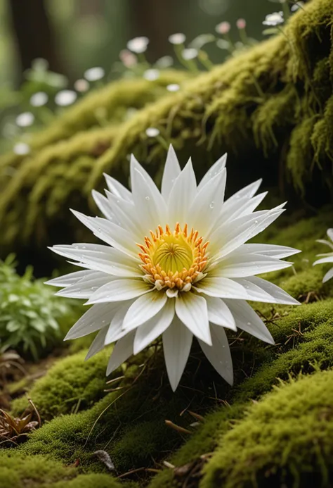 (medium full shot) of (vibrant flower) with white petals, spiky shaped flower, speckled, fruity scent, nestled among soft moss, ...