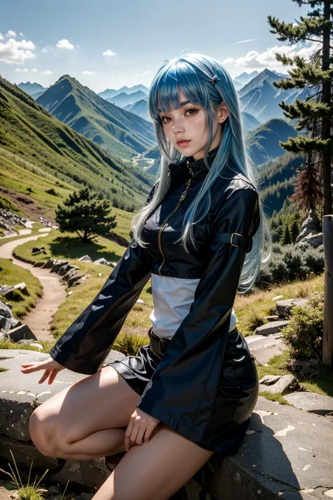 ((ultra detailed, masterpiece, absurdres))
 <lora:KOFKulaD:0.9>
KOFKulaD, 1girl, long hair, blue hair, red eyes, bangs, mountain trail, midday, clear and crisp light illuminating the landscape