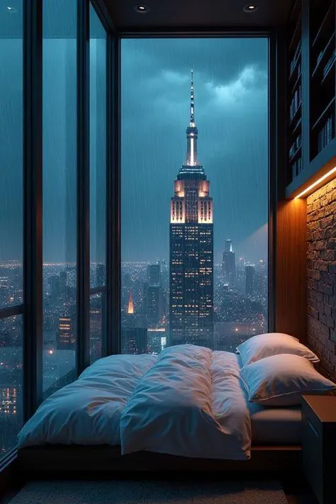 moody aesthetic, beautiful cozy, cramped bedroom with floor to ceiling glass windows overlooking a cyberpunk city at night, view...