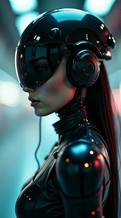 cinematic film still, cybernetic style futuristic style space fighter girl, cute, futuristic, sexy, sleek, modern, ultramodern, ...