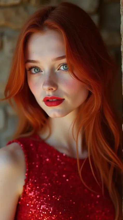 1 young cute irish girl, very slim, skinny, red hair, silver eyes, red lipstick, red eye shadow, blush, sexy, pure innocence, wh...