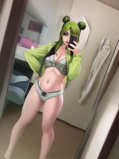 (phone:0.999), (cellphone:0.998), (1girl:0.997), (smartphone:0.991), (double bun:0.981), (holding phone:0.953), (photo (medium):0.953), (green hair:0.953), (selfie:0.934), (kujo jolyne:0.891), (multicolored hair:0.883), (navel:0.879), (fishnets:0.869), (bl...