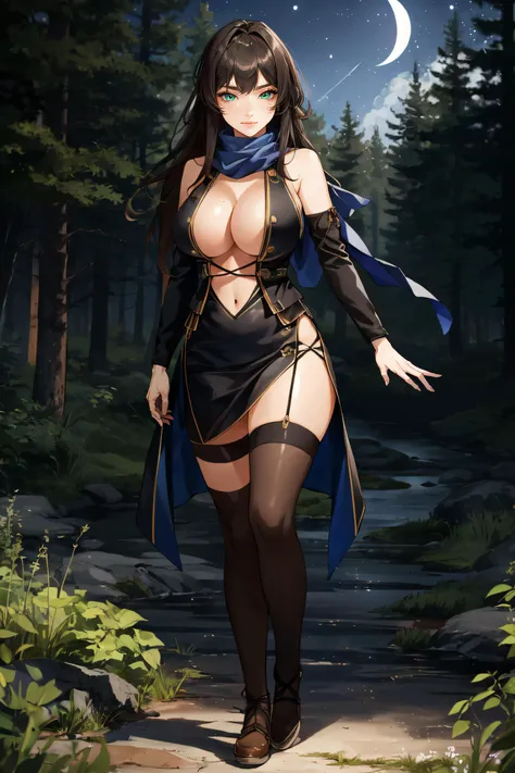 (masterpiece, best quality, ultra detailed, absurdres)1.5, 1girl, (sexy, beautiful woman, perfect face, perfect eyes, perfect female body, large breasts)1.5, (saion-ji enju, black scarf, black dress, cleavage, bare shoulders, navel, detached sleeves, brown...