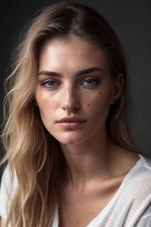 a woman with long hair and freckled eyes looks at the camera