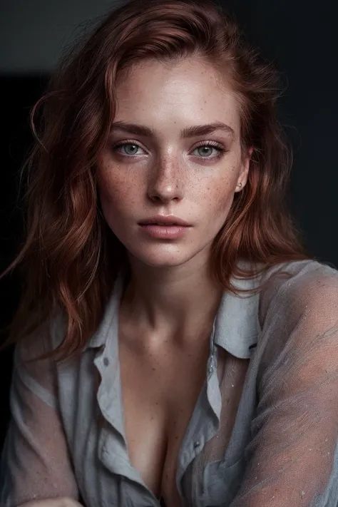 a close up of a woman with freckles and a shirt