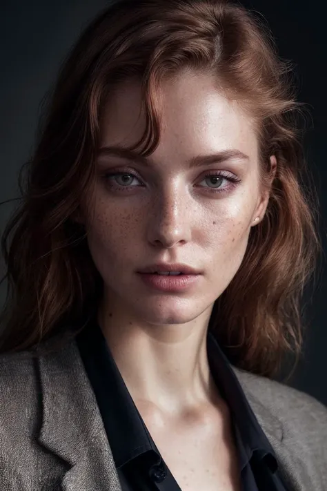 a photo of a seductive woman with loose styled redhead hair, bored, she is wearing Blazer and Printed pants, , mascara, (textured skin, skin pores:1.2), (moles:0.8), (imperfect skin:1.1), intricate details, goosebumps, flawless face, (light freckles:0.9), ...