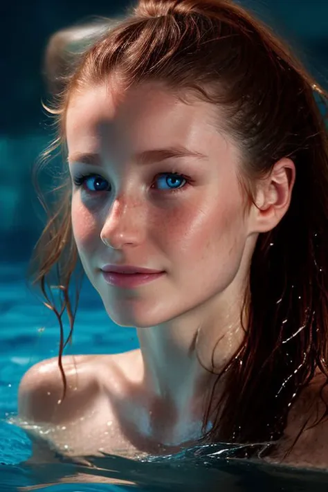 arafed woman in a pool with blue eyes and a wet hair