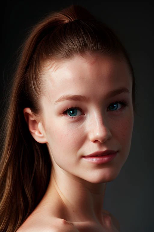 (CR-EmilyBloom-Denche354:0.99), full color (face closeup:1.15) portrait of young woman, grey background, (slick undercut hair:1.0), (tilted head pose:1.1), (tilted angle shot:1.1),