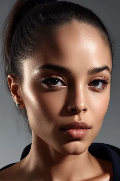 (CR-Rach3llHofstetter-JernauGurgeh:0.9), face closeup portrait of young woman, oiled shiny skin, grey background, tilted pose shot, slick hair,