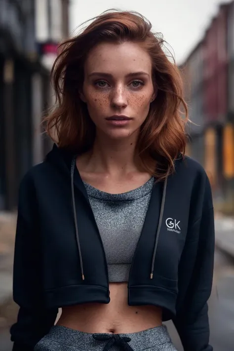 a woman with red hair and a black jacket standing on a street