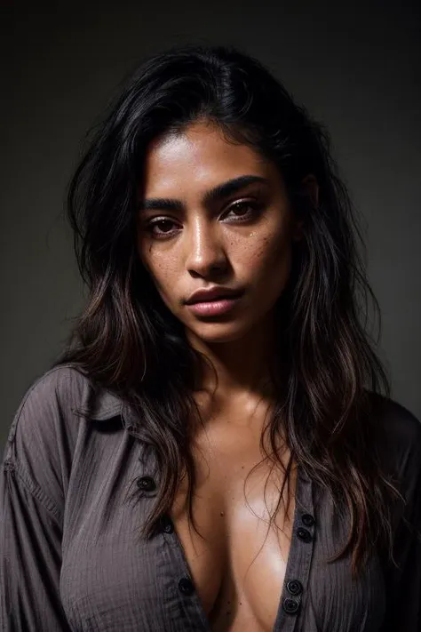 a woman with long hair and a shirt on posing for a picture