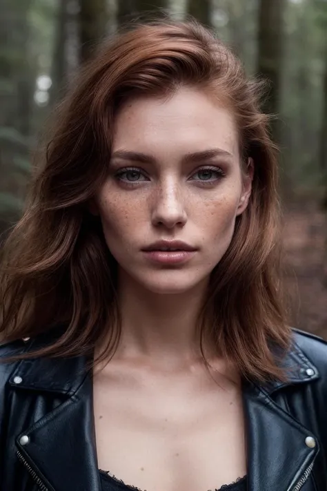 a woman with freckles and a leather jacket in the woods