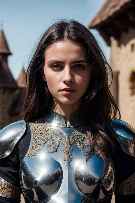 a woman in armor poses for a photo in front of a castle