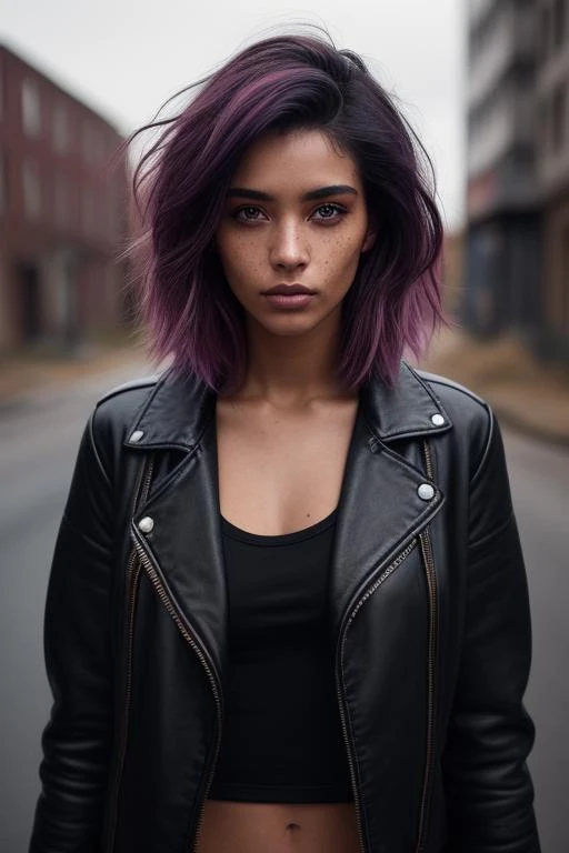 a woman with purple hair and a black top is standing in the middle of a street