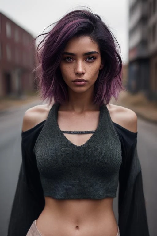 a woman with purple hair and a black top is standing on the street