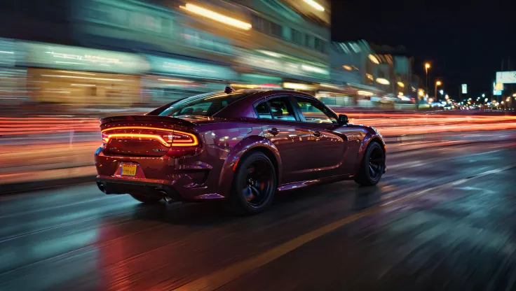 a close up of a car driving down a city street at night