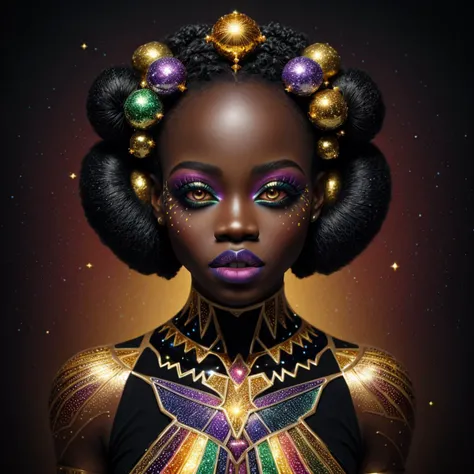 raw photo, masterpiece, (((chromatic))), Midshot of an African woman in royal armor with hints of gold, amber and black. ((rainbow sparkles)), Her hair, hair buns and afro puffs with diamonds and crystal orbs, complements her chromatic makeup and dark purp...