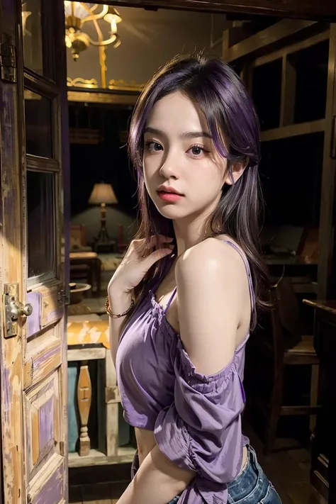 araffe asian woman in purple top and jeans posing in a doorway