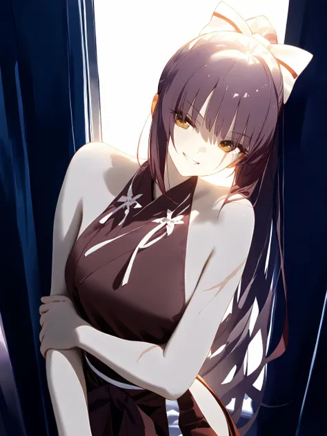 anime girl in a brown dress leaning against a curtain