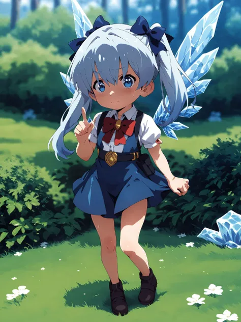 anime girl with blue eyes and a blue dress walking in a field