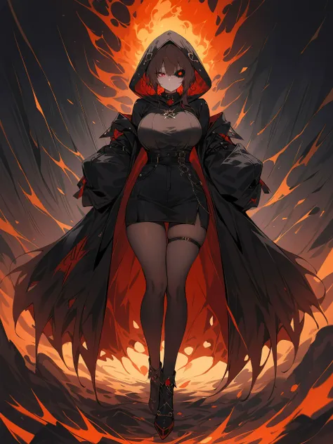 a woman in a black dress and red cape standing in front of a fire