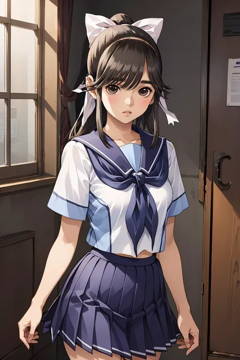 (masterpiece, best quality), 1girl,  <lora:takane_manaka_v1:0.8> aamanaka, long hair, ponytail, hair bow, serafuku, white shirt, short sleeves, sailor collar, blue neckerchief, pleated skirt, blue skirt,