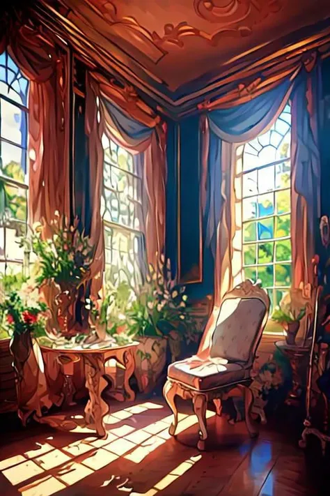 painting of a room with a chair and a table in it