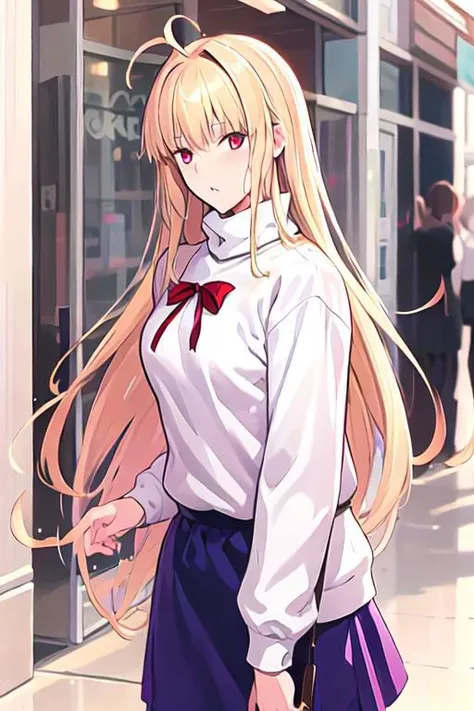 anime girl with long blonde hair and a white shirt and blue skirt