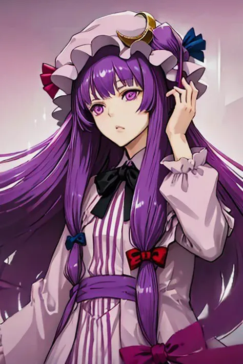 a close up of a person with long purple hair wearing a hat