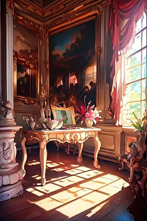 painting of a room with a table and a painting on the wall